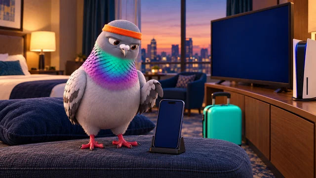 Pigeon in an orange sweatband checking a phone in a hotel room beside a PS5