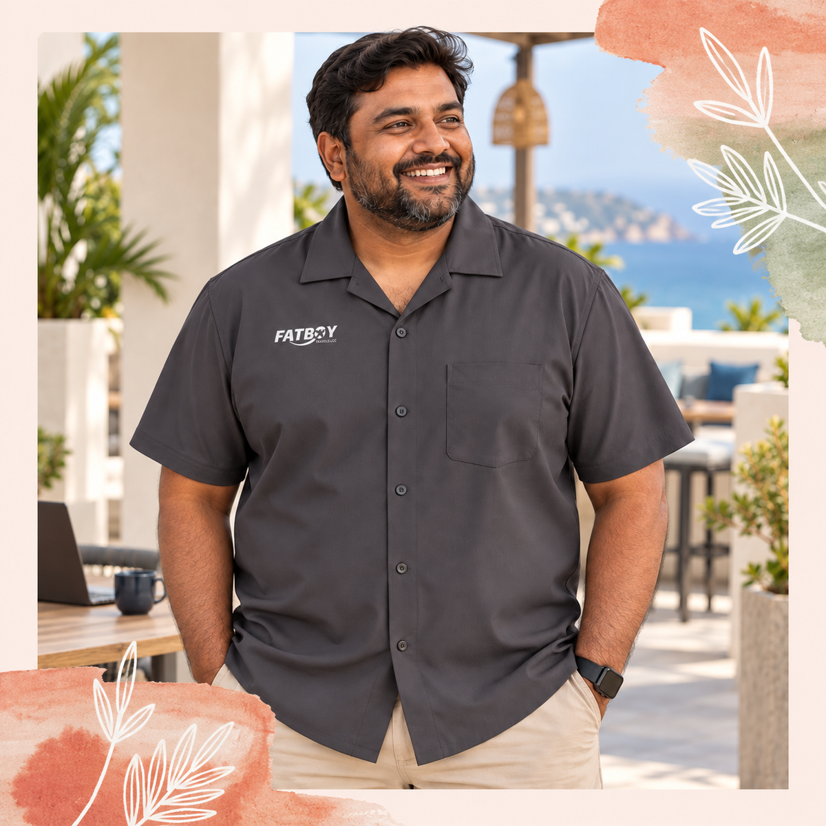 Fatboy Travels camp-collar travel shirt in a coastal setting