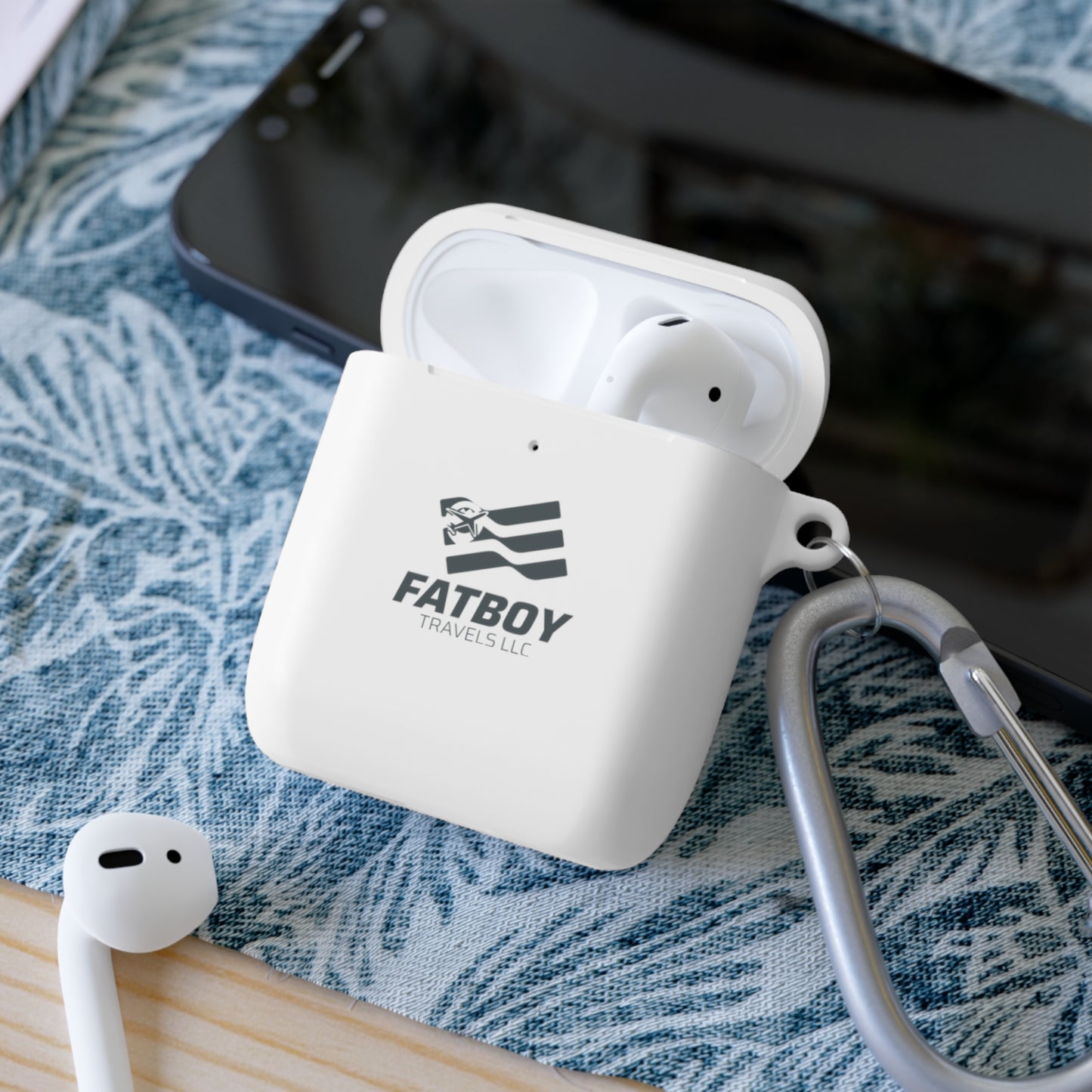 AirPods Case — "FATBOY Travels LLC" Logo Protective Cover with Carabiner