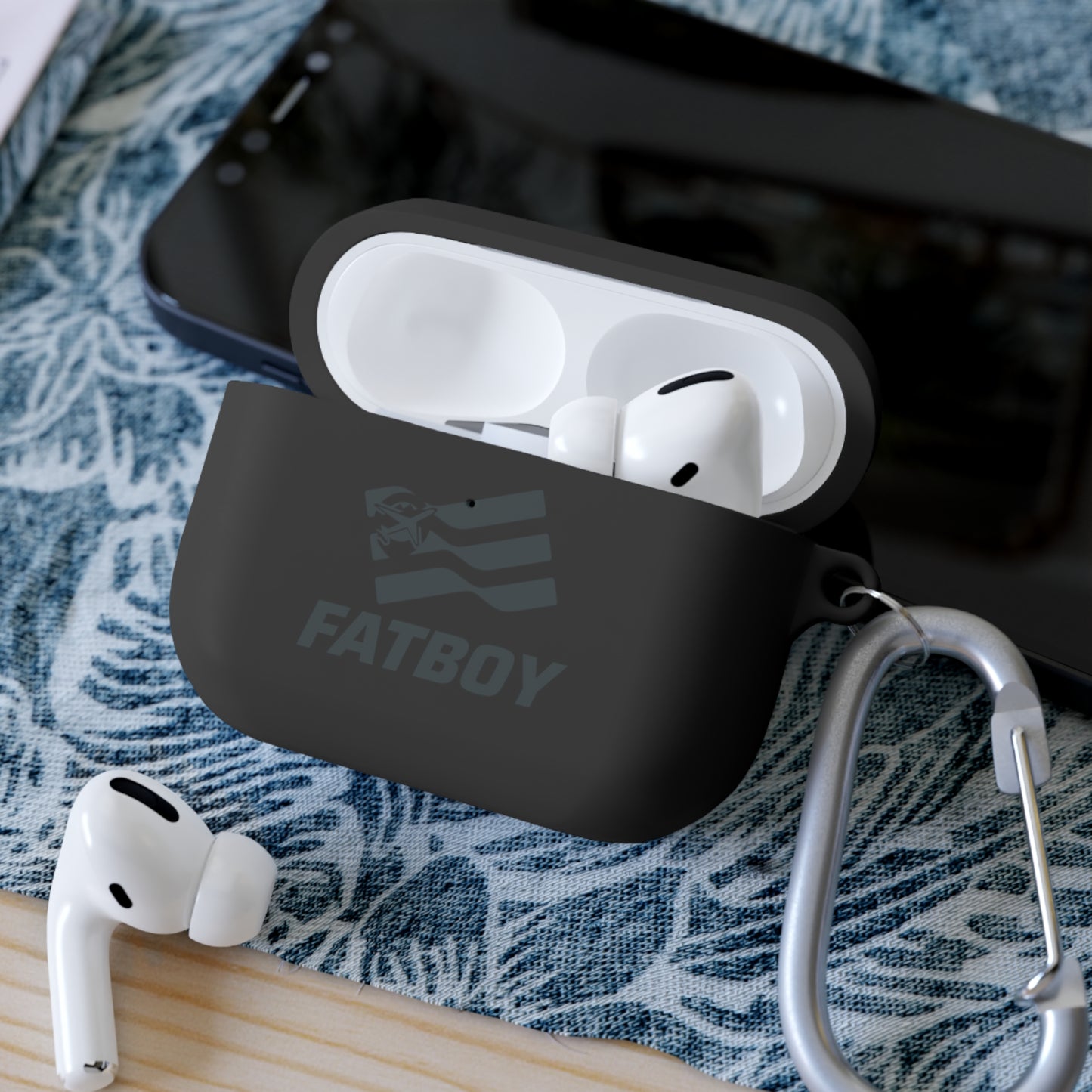 AirPods Case — "FATBOY Travels LLC" Logo Protective Cover with Carabiner