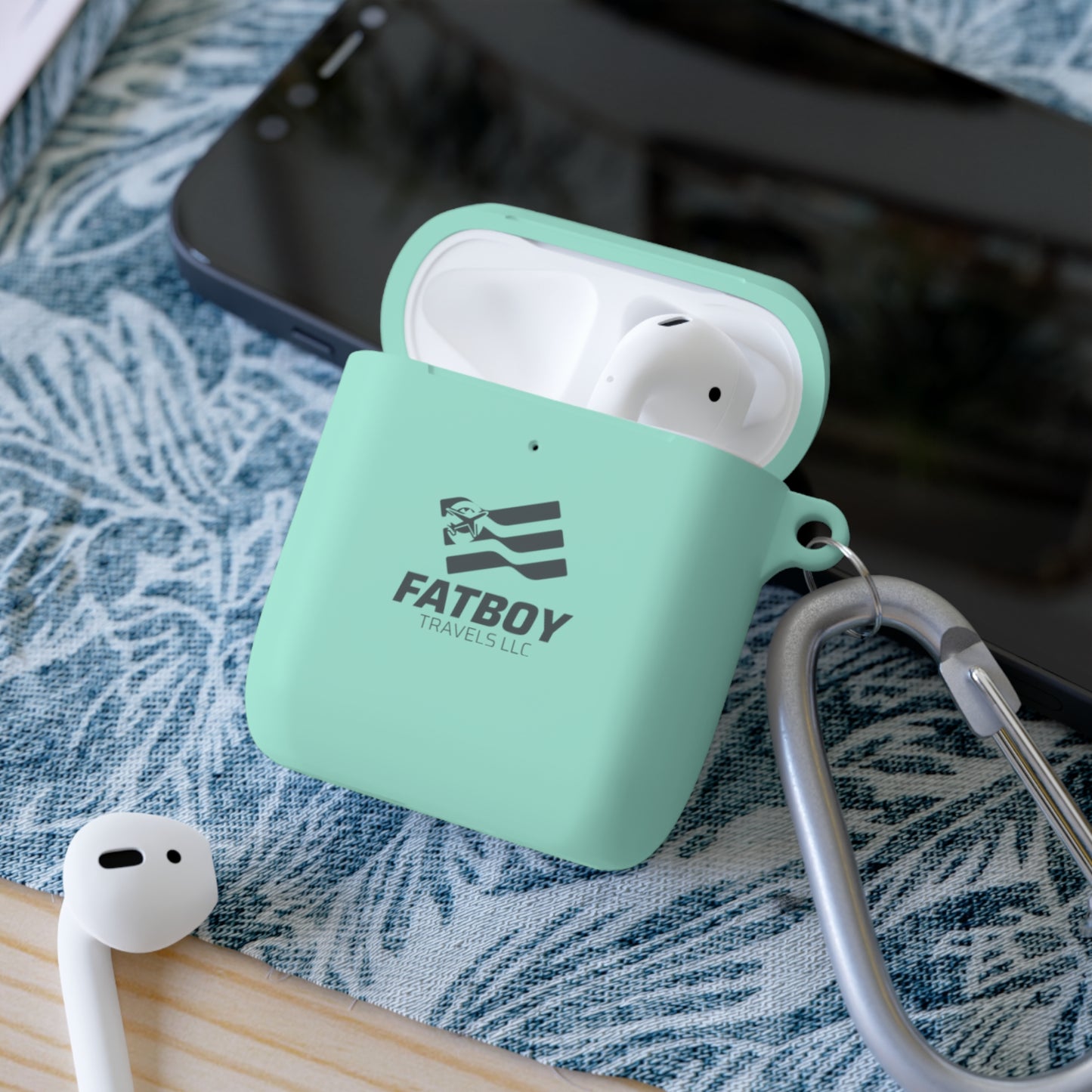 AirPods Case — "FATBOY Travels LLC" Logo Protective Cover with Carabiner