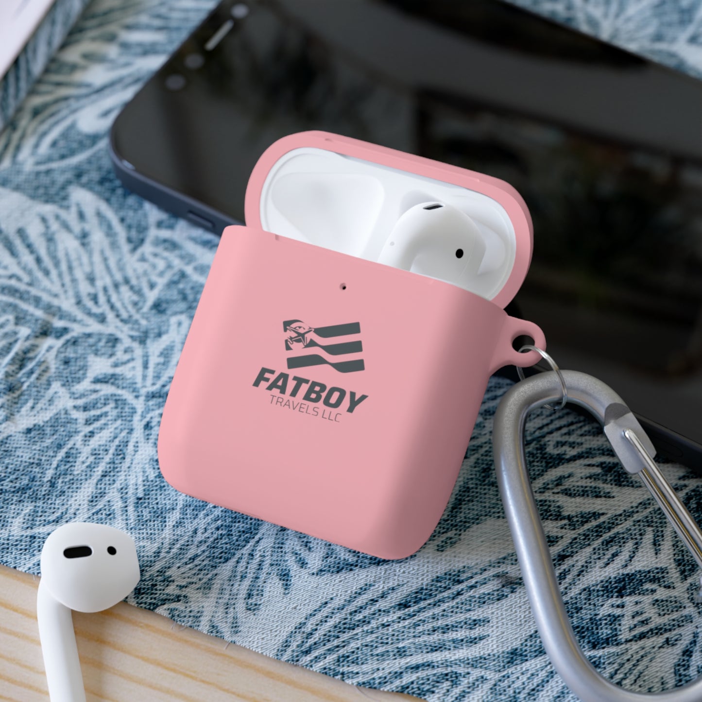 AirPods Case — "FATBOY Travels LLC" Logo Protective Cover with Carabiner