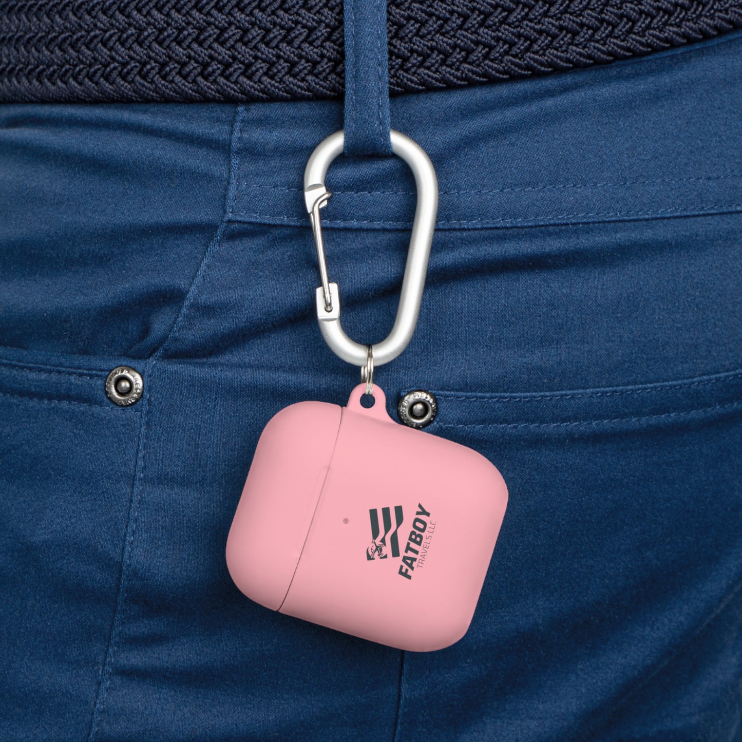 AirPods Case — "FATBOY Travels LLC" Logo Protective Cover with Carabiner