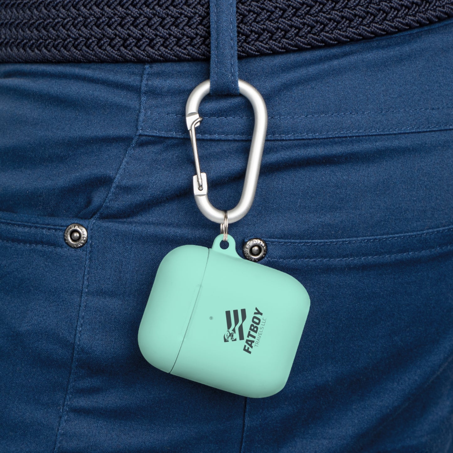 AirPods Case — "FATBOY Travels LLC" Logo Protective Cover with Carabiner