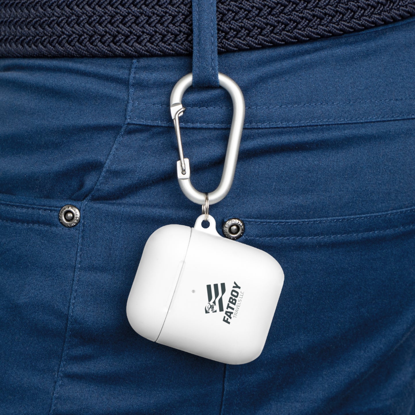 AirPods Case — "FATBOY Travels LLC" Logo Protective Cover with Carabiner