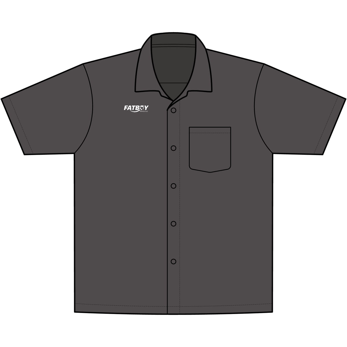 Departure travel shirt — Graphite front with white Fatboy Travels wordmark