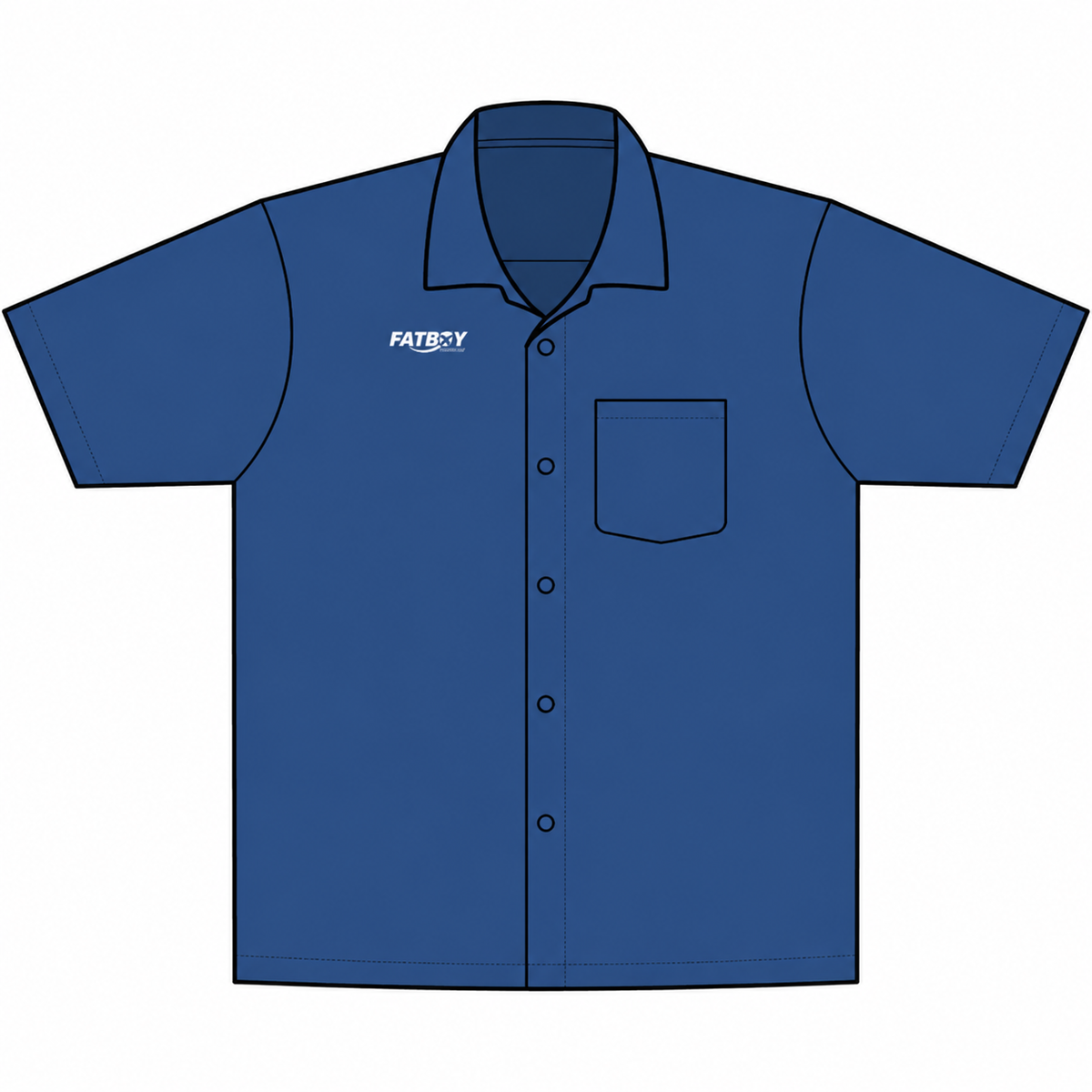 Departure travel shirt — True Blue, white Fatboy Travels wordmark, front mockup