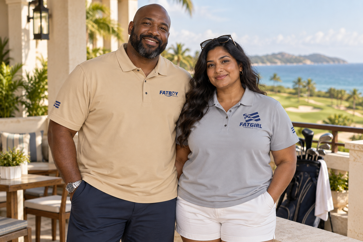 Lifestyle view: Fatboy Travels Stone polo and Fatgirl Travels Cool Grey polo. Sizes S–5XL.