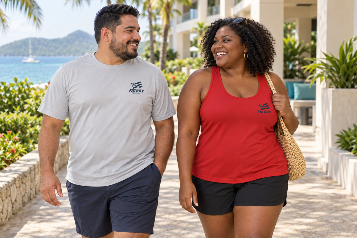 Lifestyle view of the Fatgirl Travels Red moisture-wicking tank alongside the Fatboy Travels Silver performance tee.