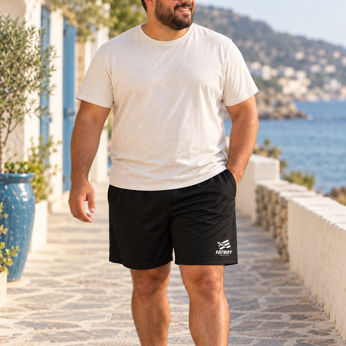 shorts lifestyle mockup in a coastal travel setting